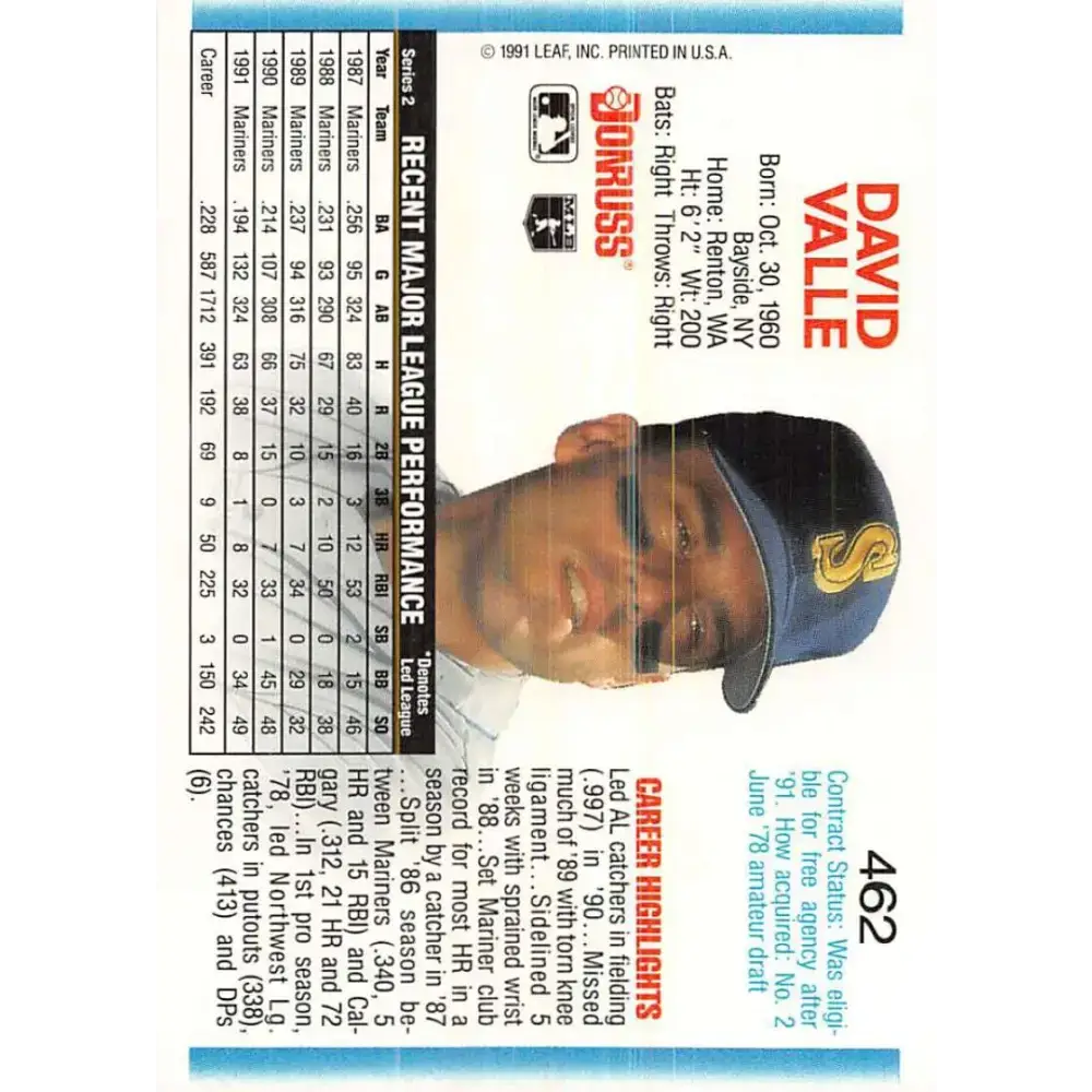 1992 Donruss #462 Dave Valle NM-MT Seattle Mariners Baseball Card - Baseball Card Single