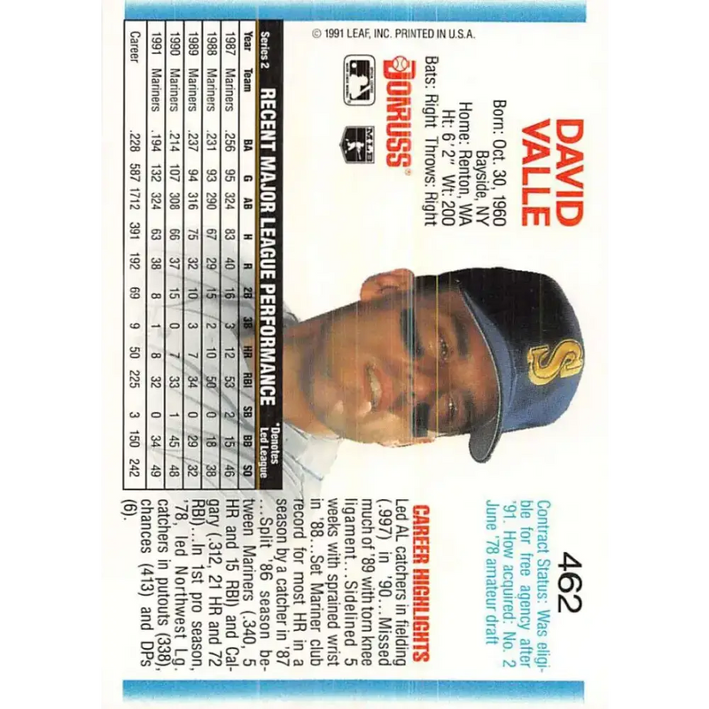1992 Donruss #462 Dave Valle NM-MT Seattle Mariners Baseball Card - Baseball Card Single