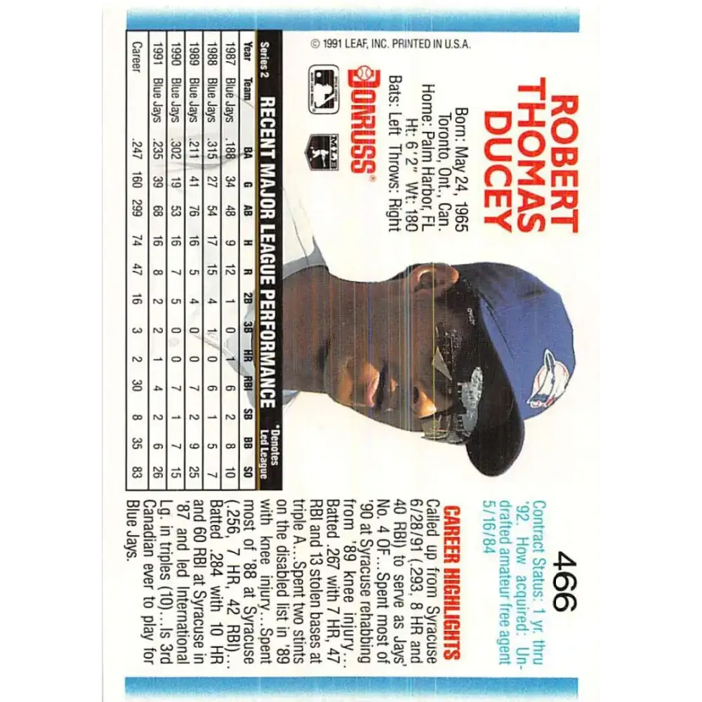 1992 Donruss #466 Rob Ducey NM-MT Toronto Blue Jays Baseball Card - Baseball Card Single