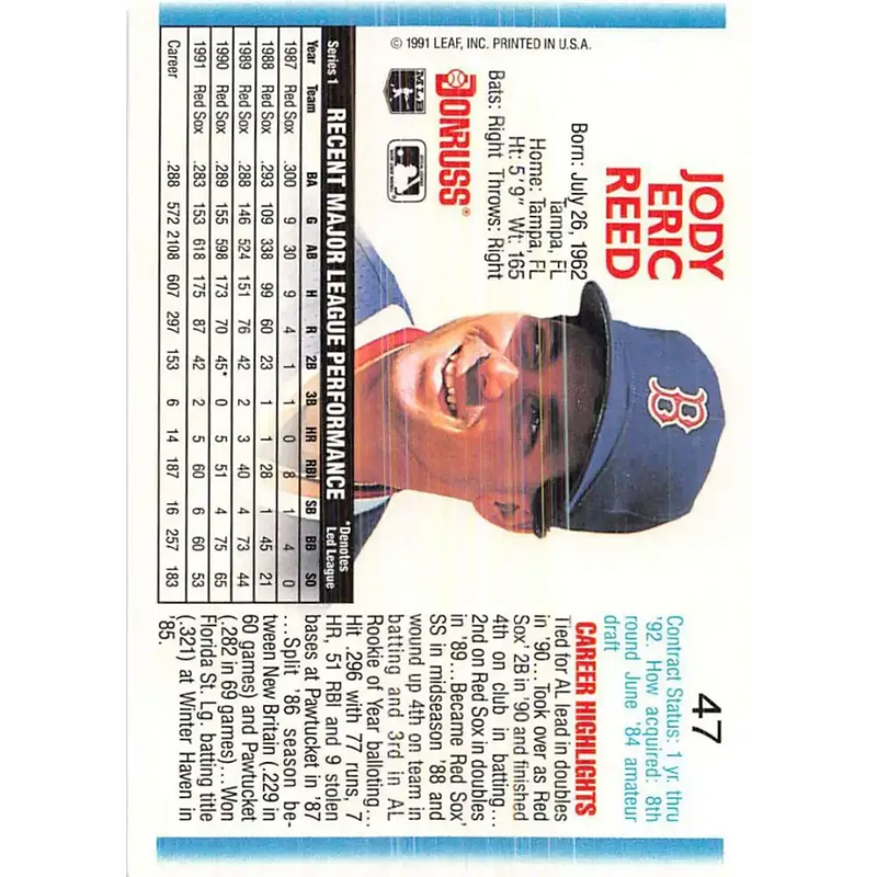 1992 Donruss #47 Jody Reed NM-MT Boston Red Sox Baseball Card - Baseball Card Single