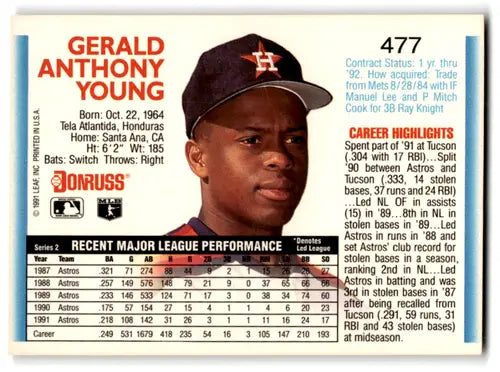 1992 Donruss #477 Gerald Young NM Near Mint Astros ID:67137 - Baseball Card Single