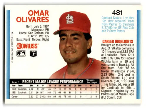 Omar Olivares baseball card with original gloss from 1992 Donruss Cardinals series
