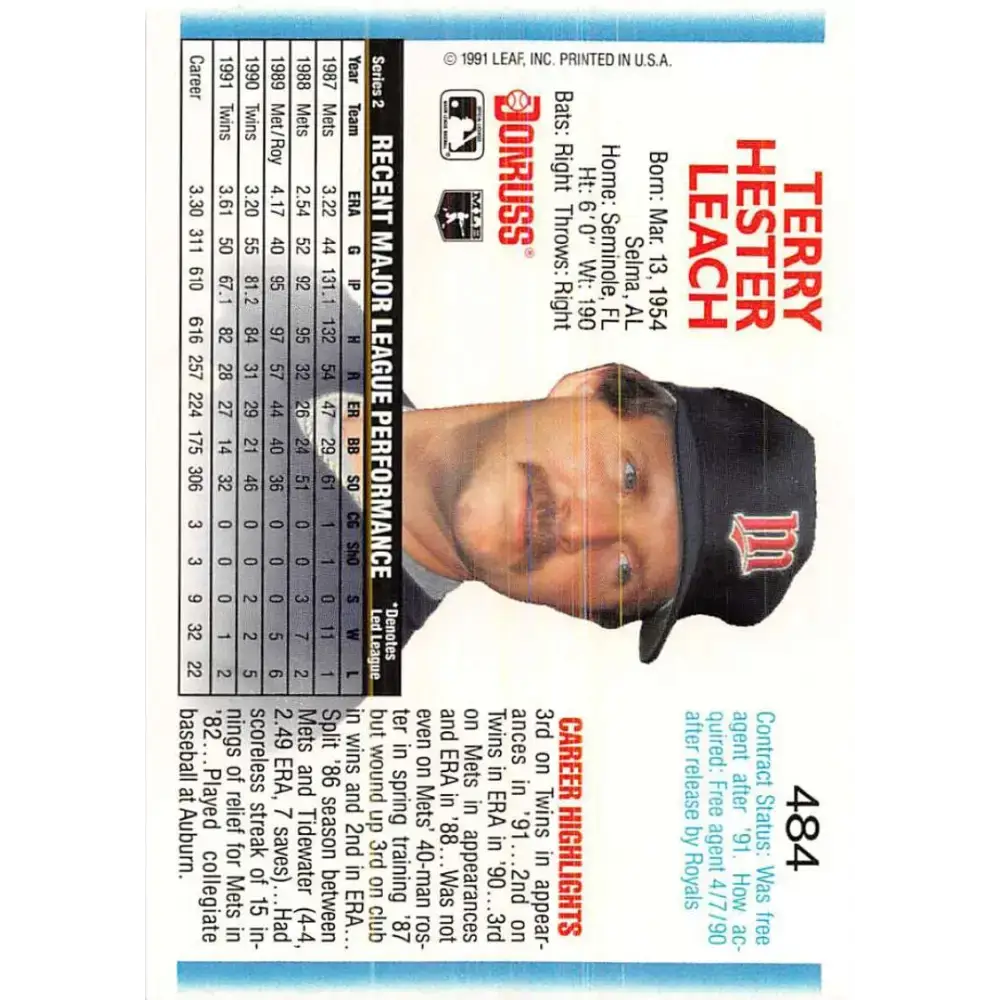 1992 Donruss #484 Terry Leach NM-MT Minnesota Twins Baseball Card - Baseball Card Single