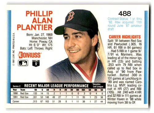 Original gloss Phil Plantier Red Sox baseball card 1992 Donruss #488 near mint