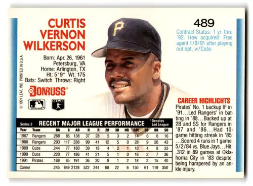 1992 Donruss #489 Curtis Wilkerson NM Near Mint Pirates ID:67100 - Baseball Card Single