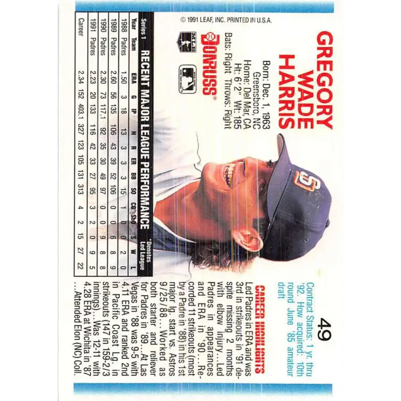 1992 Donruss #49 Greg Harris NM-MT San Diego Padres Baseball Card - Baseball Card Single