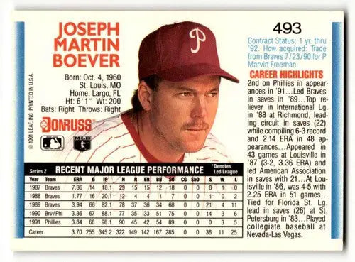 Original gloss Joe Boever Philadelphia Phillies baseball card from 1992 Donruss #493