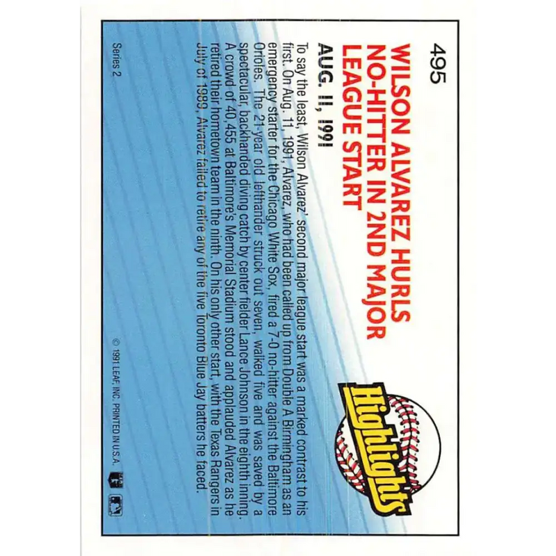 1992 Donruss #495 Wilson Alvarez HL NM-MT Chicago White Sox Baseball Card - Baseball Card Single
