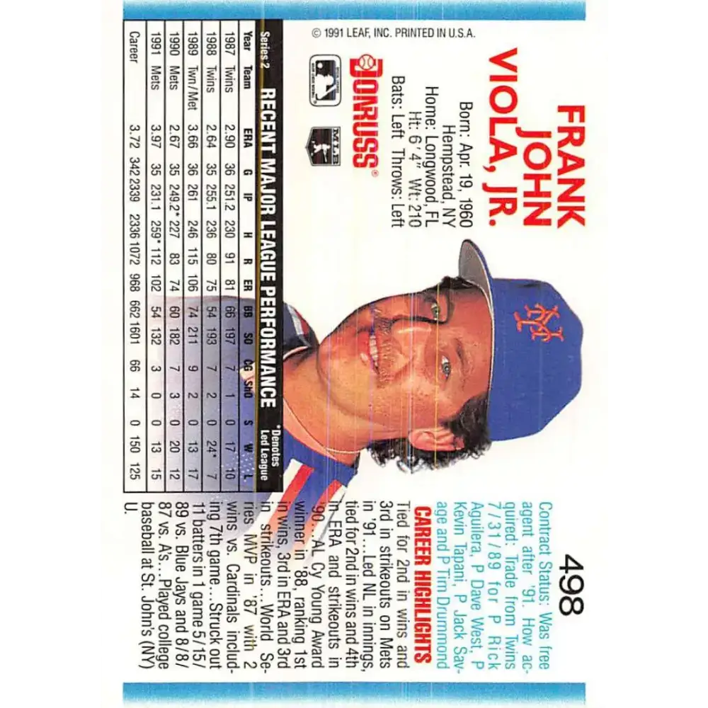 1992 Donruss #498 Frank Viola NM-MT New York Mets Baseball Card - Baseball Card Single