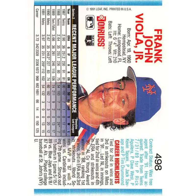 1992 Donruss #498 Frank Viola NM-MT New York Mets Baseball Card - Baseball Card Single