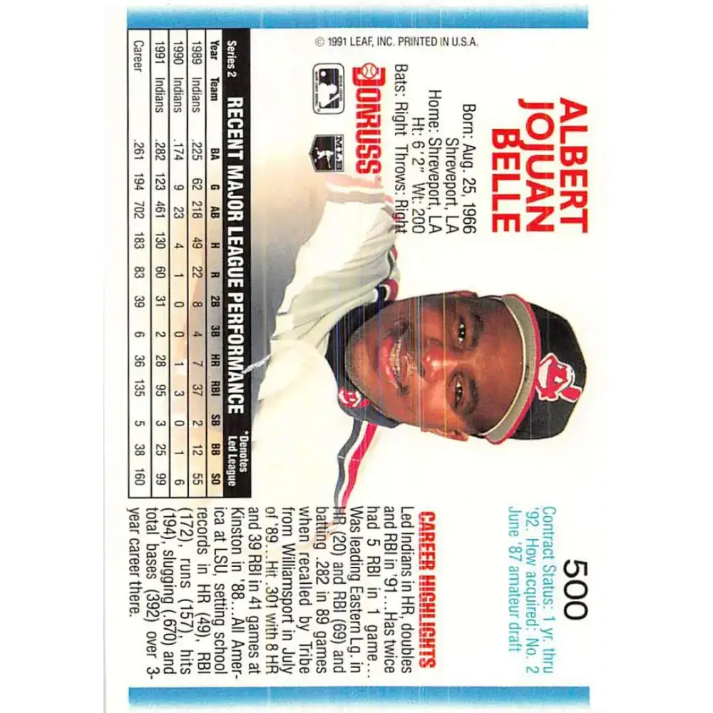 1992 Donruss #500 Albert Belle NM-MT Cleveland Indians Baseball Card - Baseball Card Single