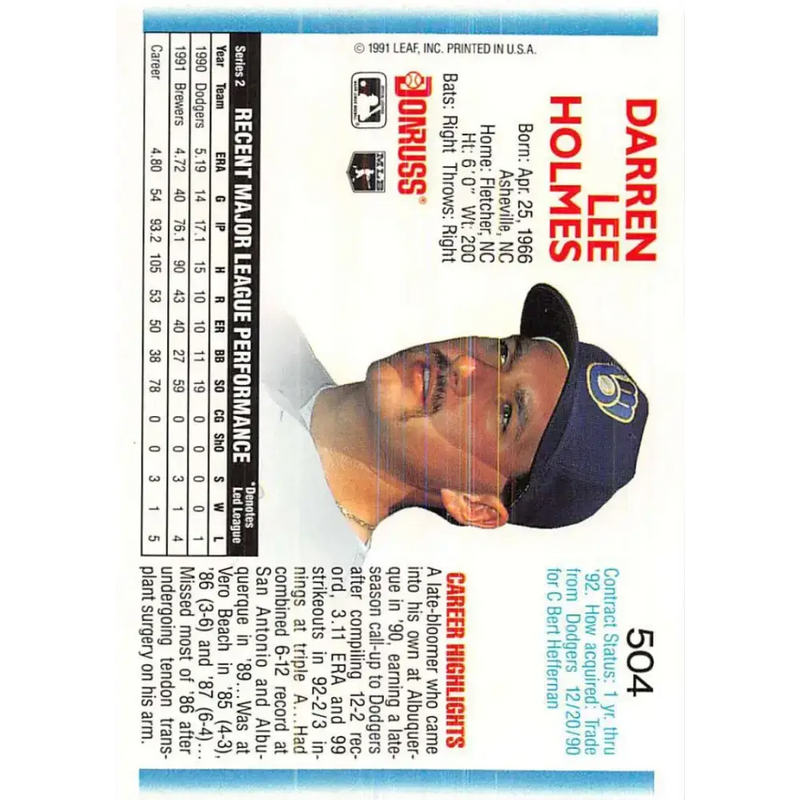 1992 Donruss #504 Darren Holmes NM-MT Milwaukee Brewers Baseball Card - Baseball Card Single
