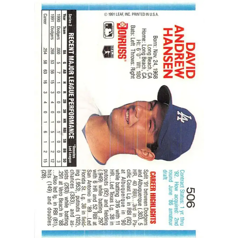 1992 Donruss #506 Dave Hansen NM-MT Los Angeles Dodgers Baseball Card - Baseball Card Single