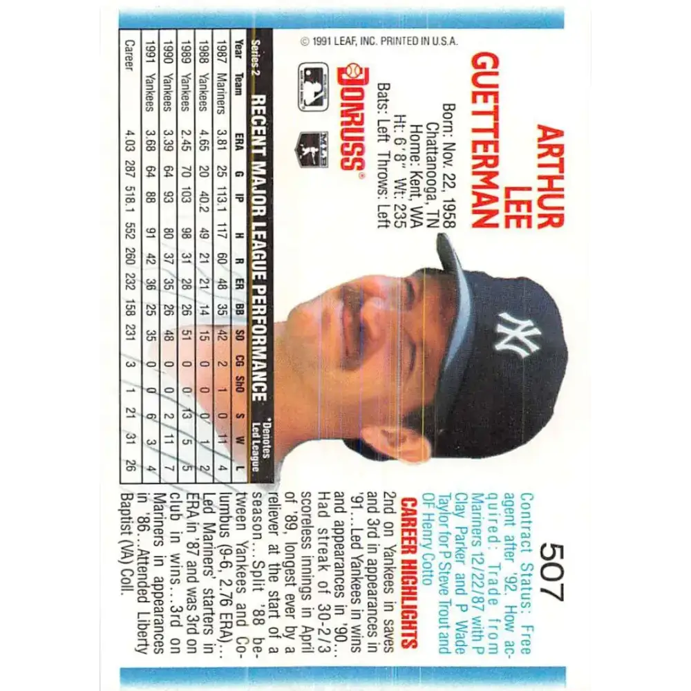 1992 Donruss #507 Lee Guetterman NM-MT New York Yankees Baseball Card - Baseball Card Single