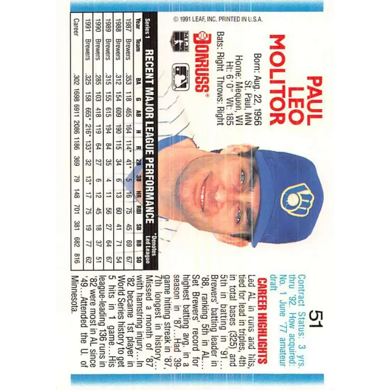 1992 Donruss #51 Paul Molitor NM-MT Milwaukee Brewers Baseball Card - Baseball Card Single