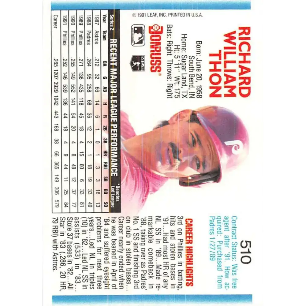 1992 Donruss #510 Dickie Thon NM-MT Philadelphia Phillies Baseball Card - Baseball Card Single