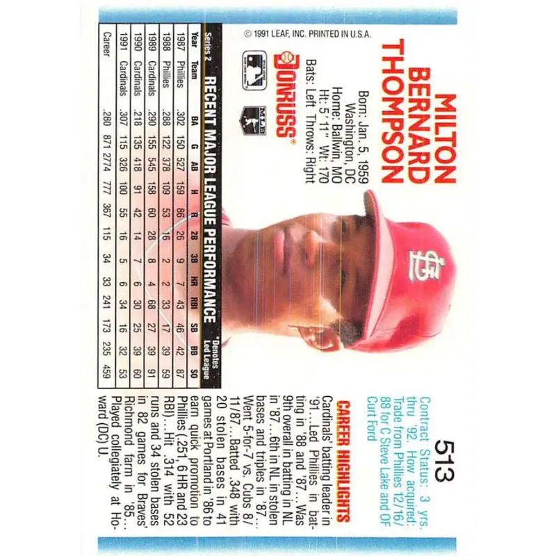 1992 Donruss #513 Milt Thompson NM-MT St. Louis Cardinals Baseball Card - Baseball Card Single