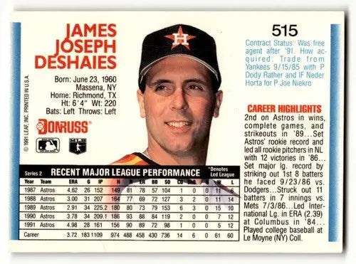 Original gloss Jim Deshaies Houston baseball card from 1992 Donruss #515 Deshaies Houston Astros