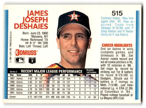 1992 Donruss #515 Jim Deshaies NM Near Mint Astros ID:67122 - Baseball Card Single