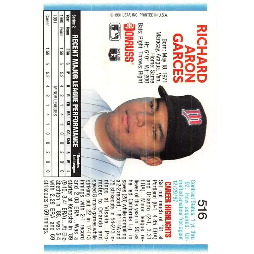 1992 Donruss #516 Rich Garces NM-MT Minnesota Twins Baseball Card - Baseball Card Single