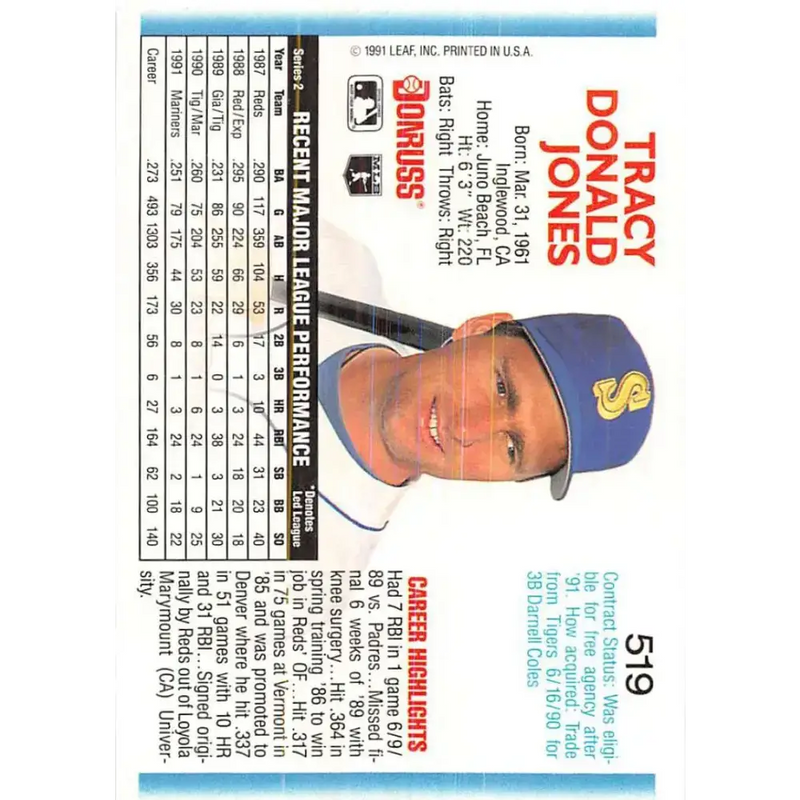 1992 Donruss #519 Tracy Jones NM-MT Seattle Mariners Baseball Card - Baseball Card Single