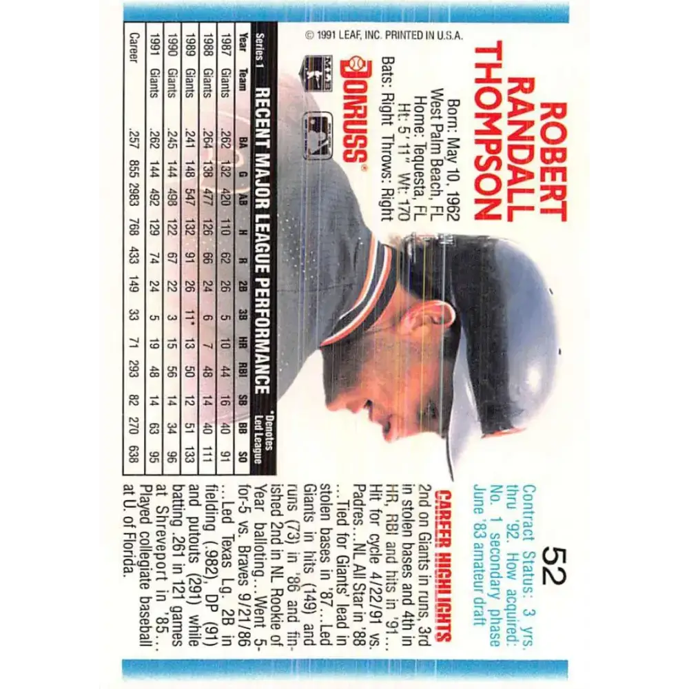1992 Donruss #52 Robby Thompson NM-MT San Francisco Giants Baseball Card - Baseball Card Single