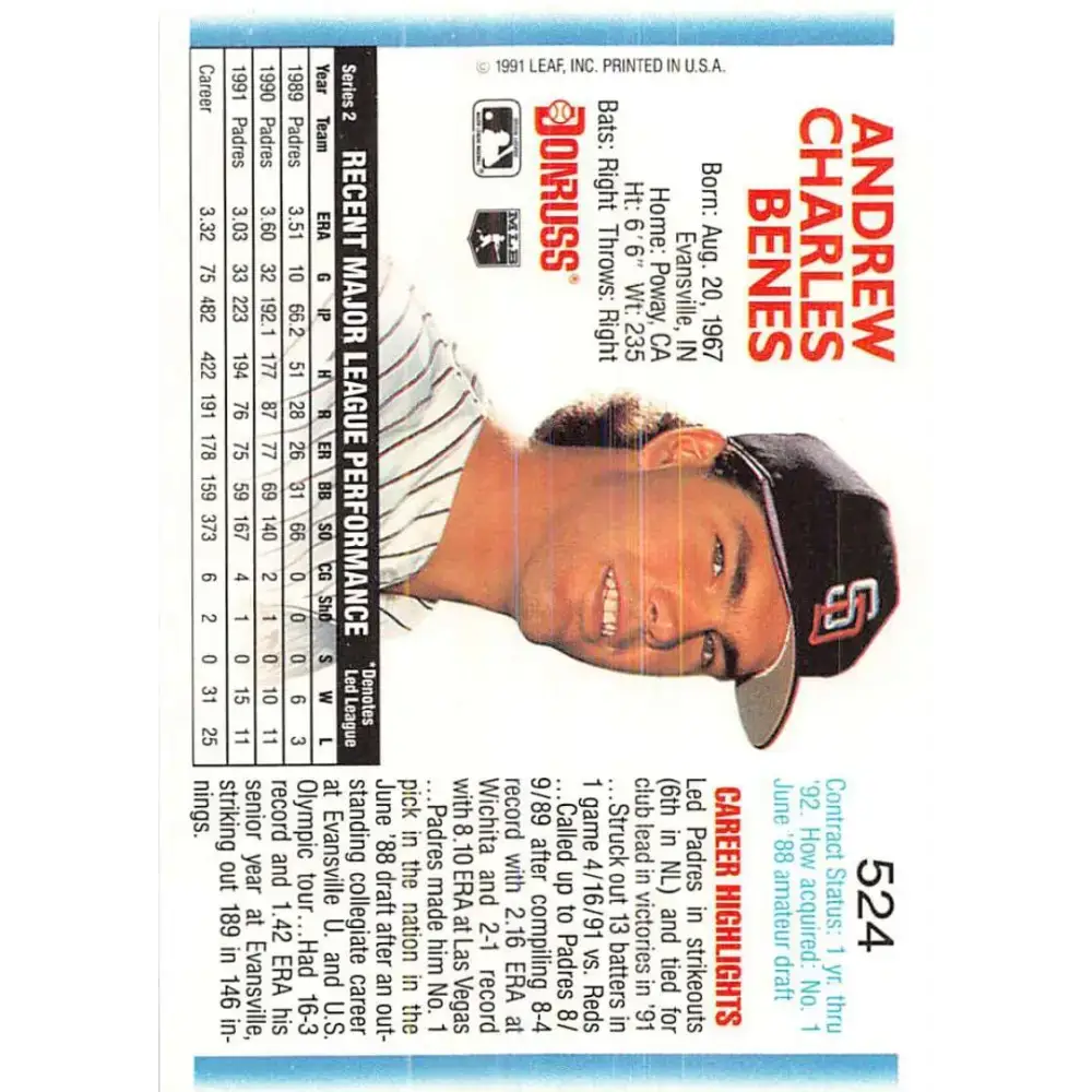 1992 Donruss #524 Andy Benes NM-MT San Diego Padres Baseball Card - Baseball Card Single