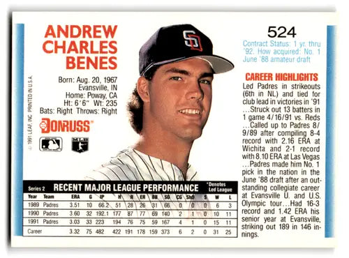 Original gloss 1992 Donruss Andy Benes baseball card mint Padres ID 67114