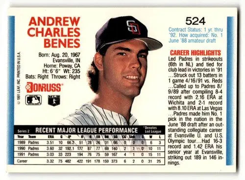 Original gloss Andy Benes San Diego Padres baseball card from 1992 Donruss #524