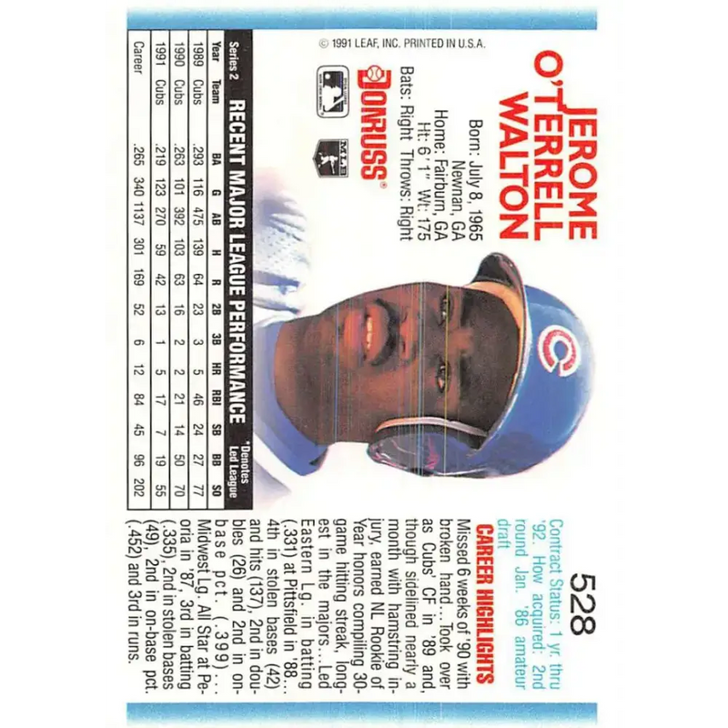 1992 Donruss #528 Jerome Walton NM-MT Chicago Cubs Baseball Card - Baseball Card Single