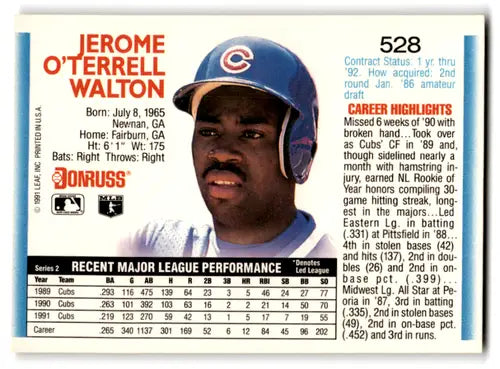 Original gloss Jerome Walton baseball card featuring mint Cubs collectible from 1992 Donruss
