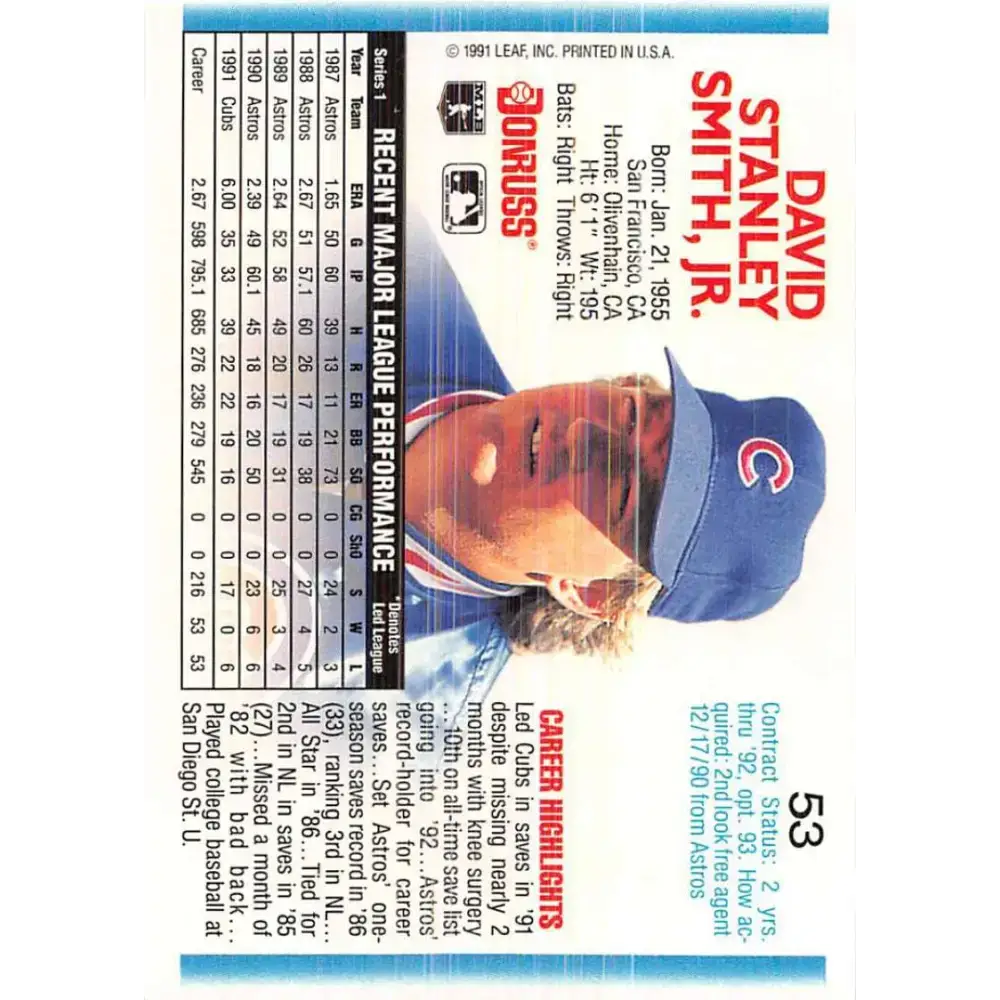 1992 Donruss #53 Dave Smith NM-MT Chicago Cubs Baseball Card - Baseball Card Single