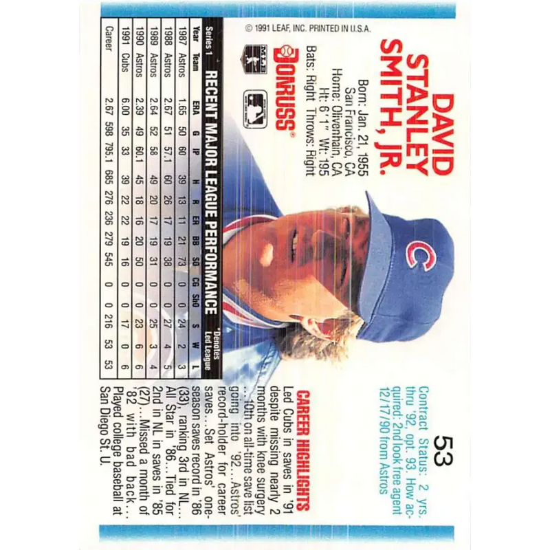 1992 Donruss #53 Dave Smith NM-MT Chicago Cubs Baseball Card - Baseball Card Single