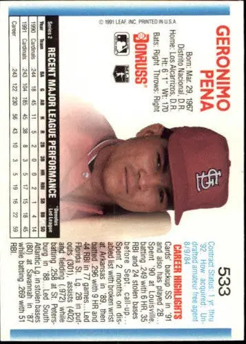 Geronimo Pena baseball card with original gloss from 1992 Donruss NM-MT Cardinals
