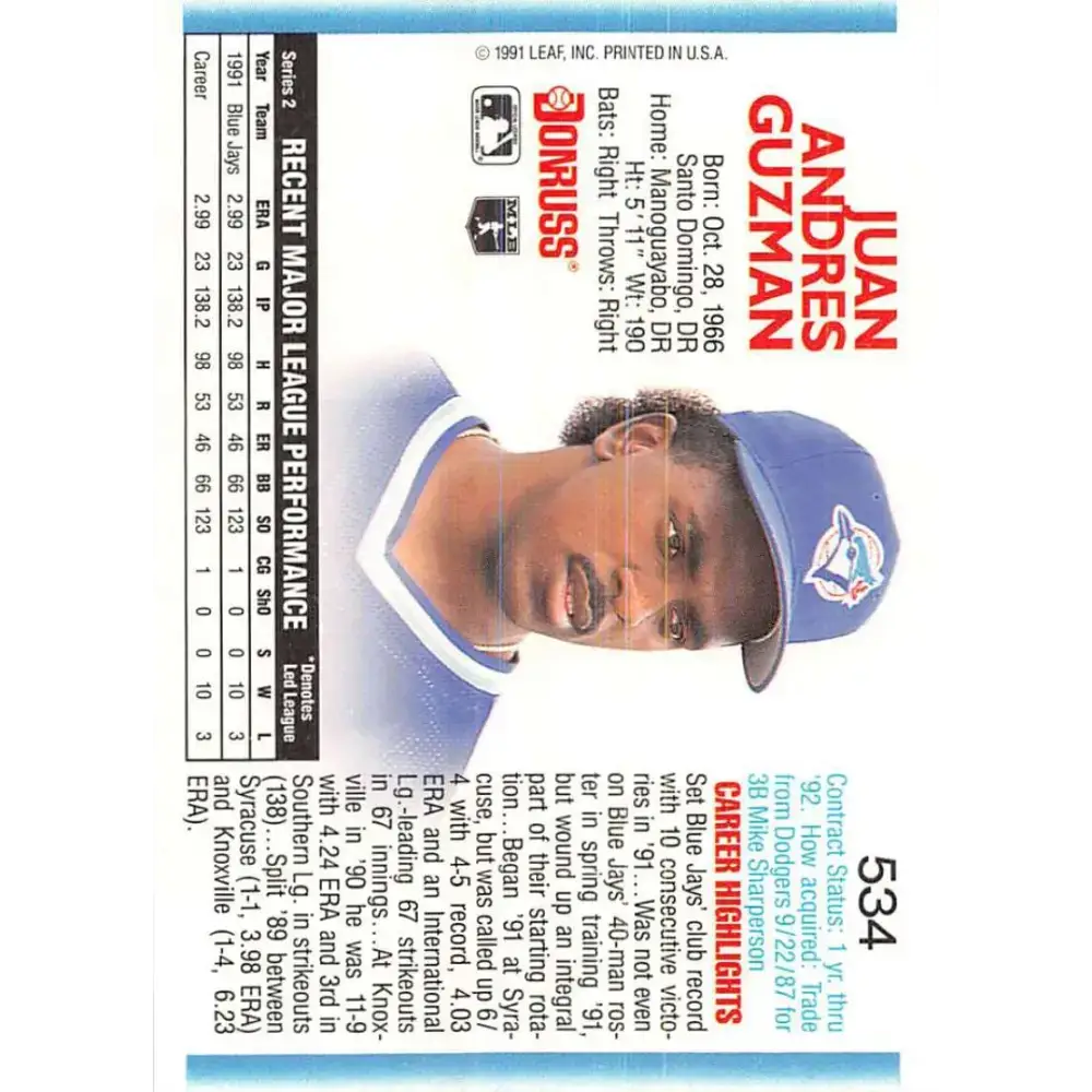 1992 Donruss #534 Juan Guzman NM-MT Toronto Blue Jays Baseball Card - Baseball Card Single