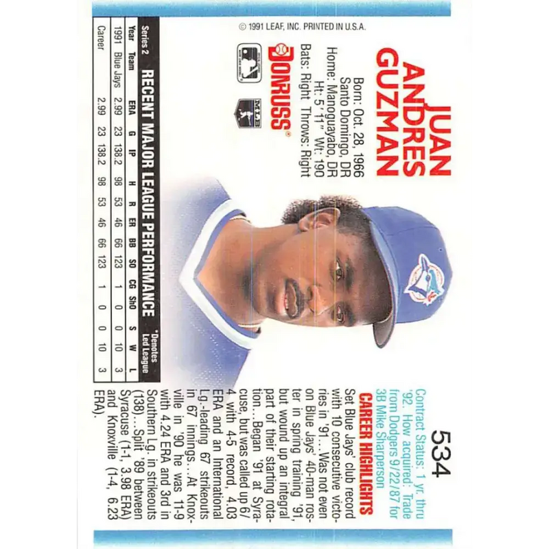 1992 Donruss #534 Juan Guzman NM-MT Toronto Blue Jays Baseball Card - Baseball Card Single