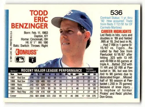 Original gloss Todd Benzinger Kansas City Royals baseball card from 1992 Donruss #536
