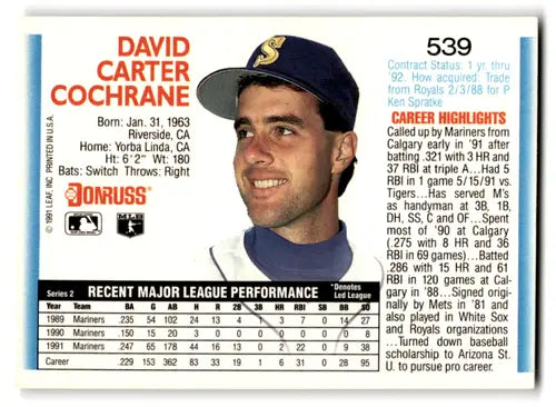 1992 Donruss #539 Dave Cochrane NM Near Mint Mariners ID:67117 - Baseball Card Single
