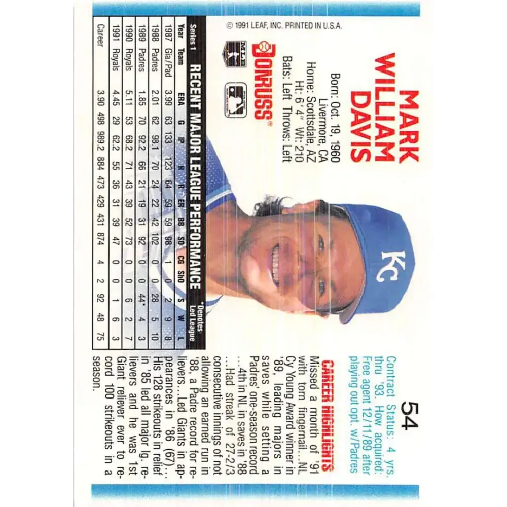 1992 Donruss #54 Mark Davis NM-MT Kansas City Royals Baseball Card - Baseball Card Single