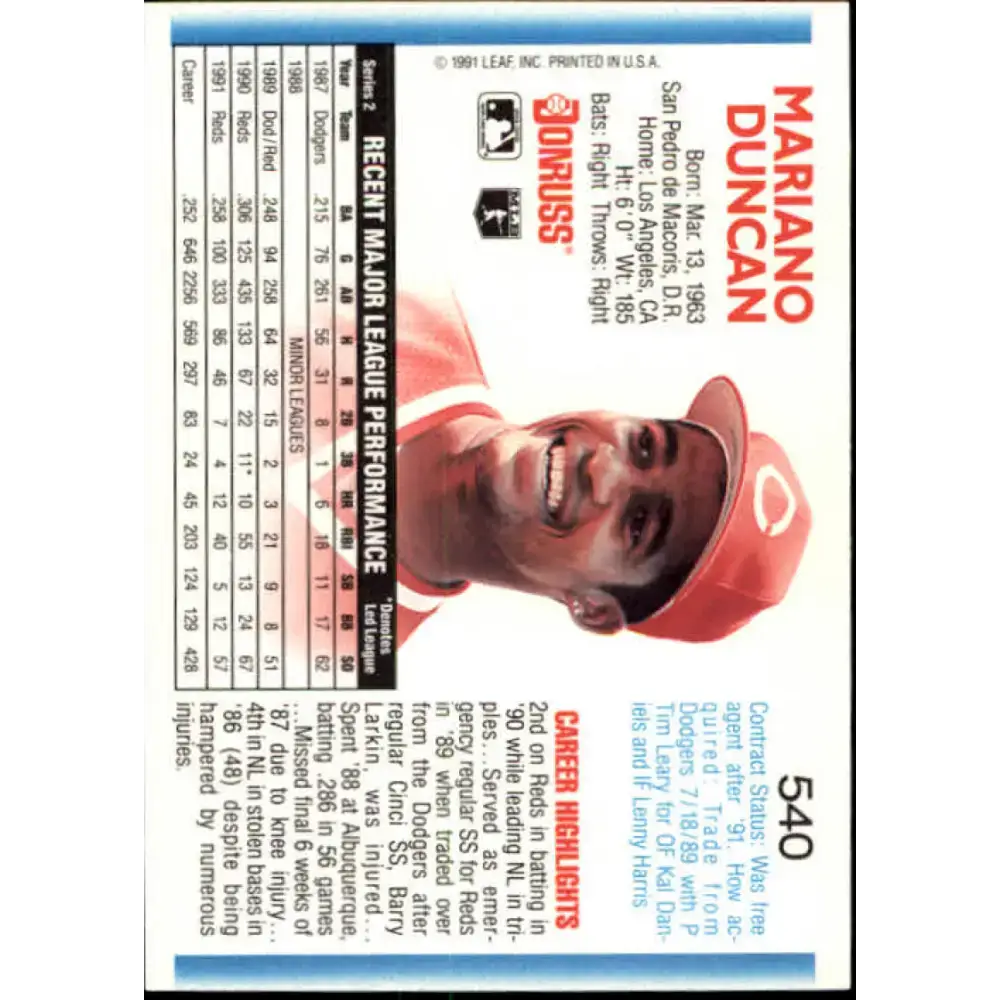 1992 Donruss #540 Mariano Duncan NM-MT Cincinnati Reds Baseball Card - Baseball Card Single