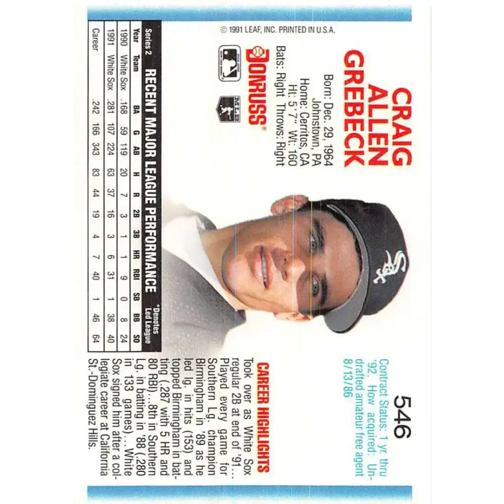 1992 Donruss #546 Craig Grebeck NM-MT Chicago White Sox Baseball Card - Baseball Card Single