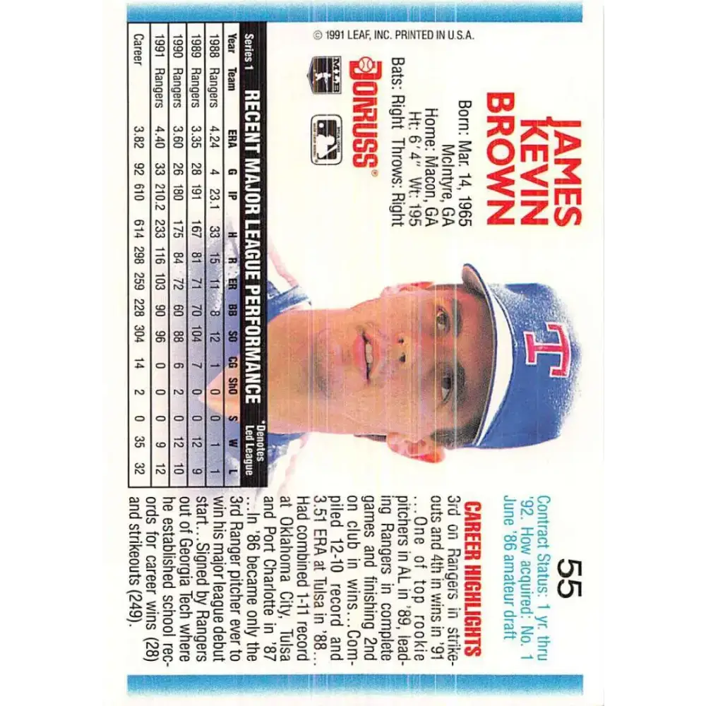1992 Donruss #55 Kevin Brown NM-MT Texas Rangers Baseball Card - Baseball Card Single
