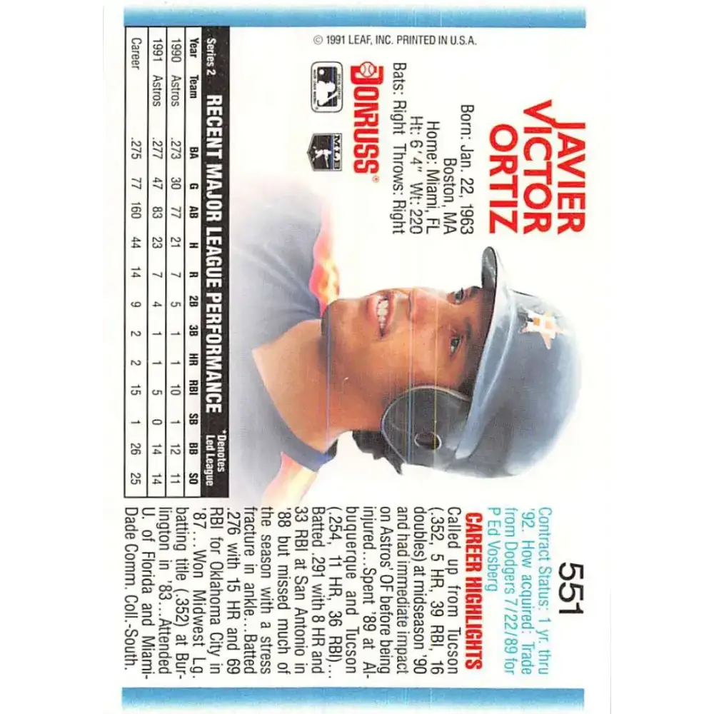 1992 Donruss #551 Javier Ortiz NM-MT Houston Astros Baseball Card - Baseball Card Single