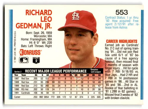 Original gloss of Rich Gedman baseball card from 1992 Donruss #553 Mint Cardinals ID 67112
