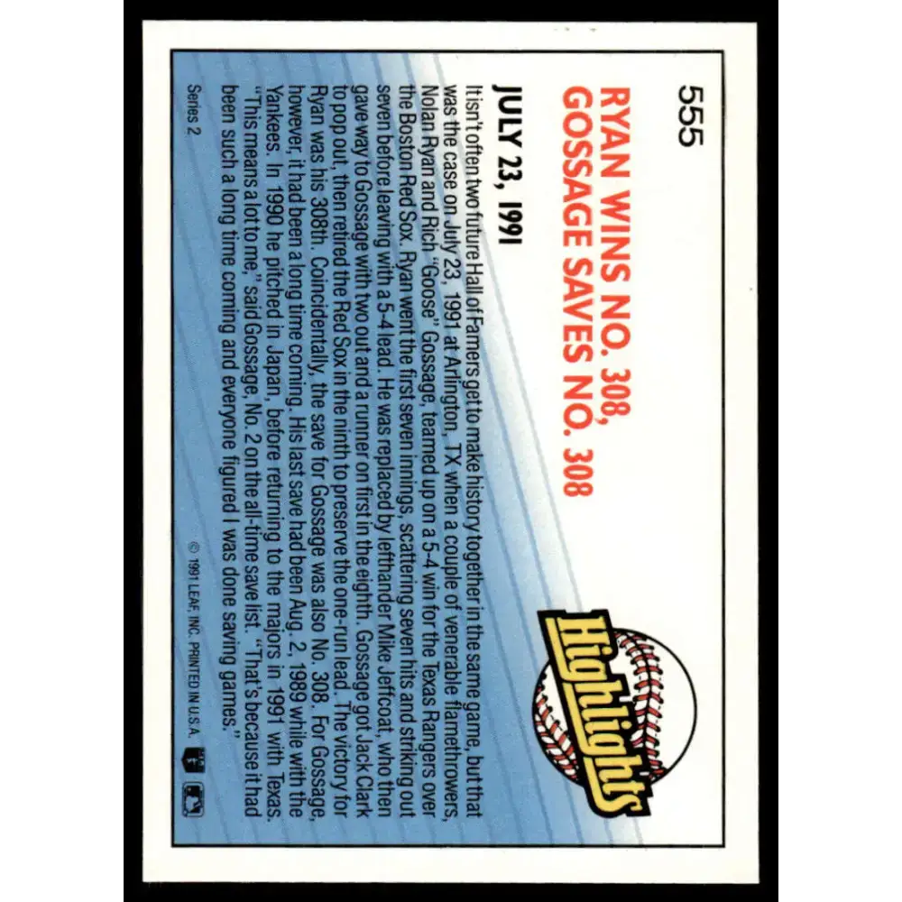 1992 Donruss #555 Rich Gossage / Nolan Ryan HL EX/NM Texas Rangers Baseball Card - Baseball Card Single