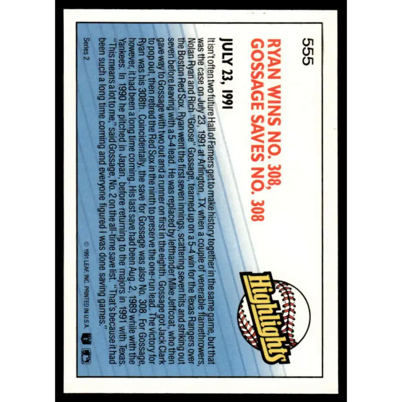 1992 Donruss #555 Rich Gossage / Nolan Ryan HL EX/NM Texas Rangers Baseball Card - Baseball Card Single