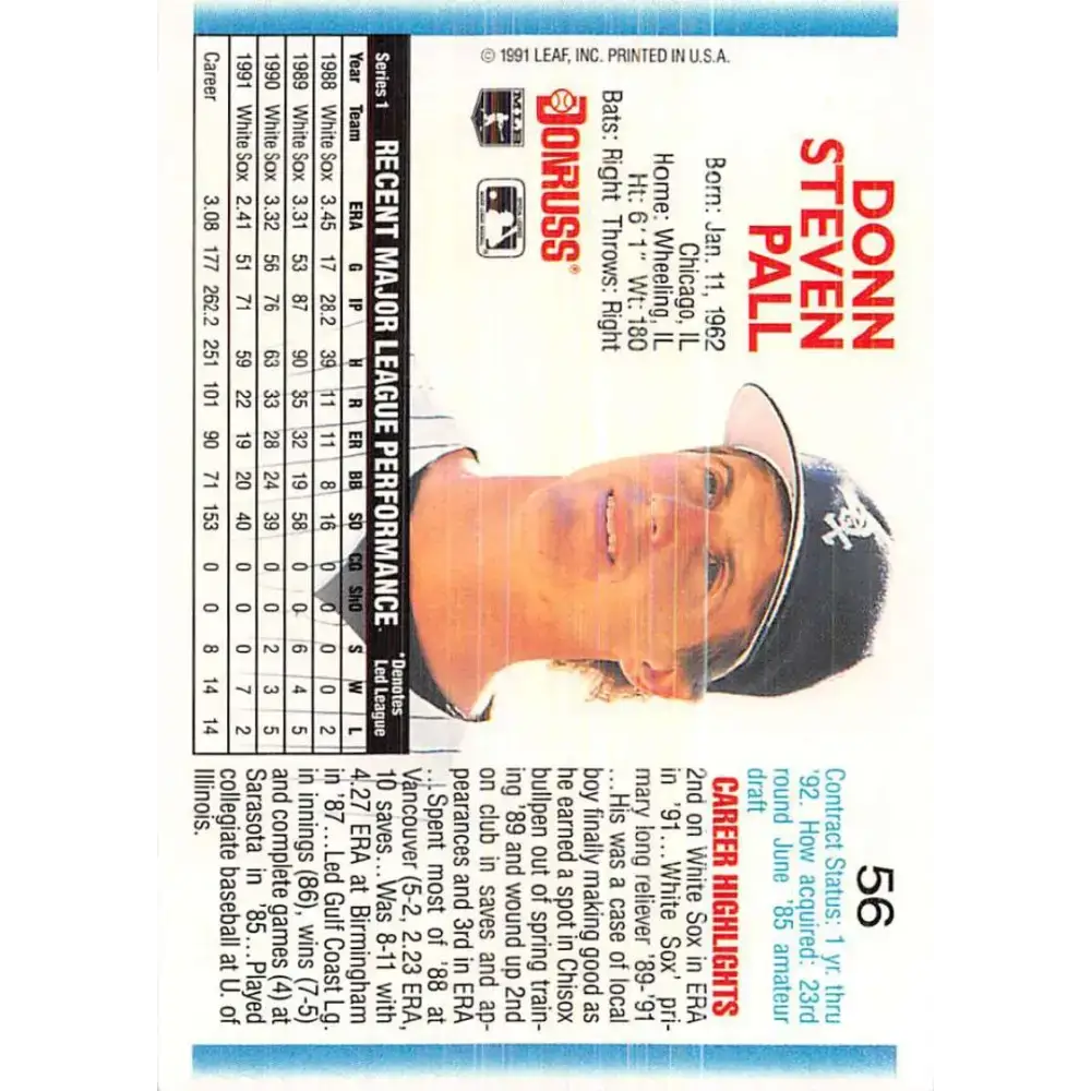 1992 Donruss #56 Donn Pall NM-MT Chicago White Sox Baseball Card - Baseball Card Single