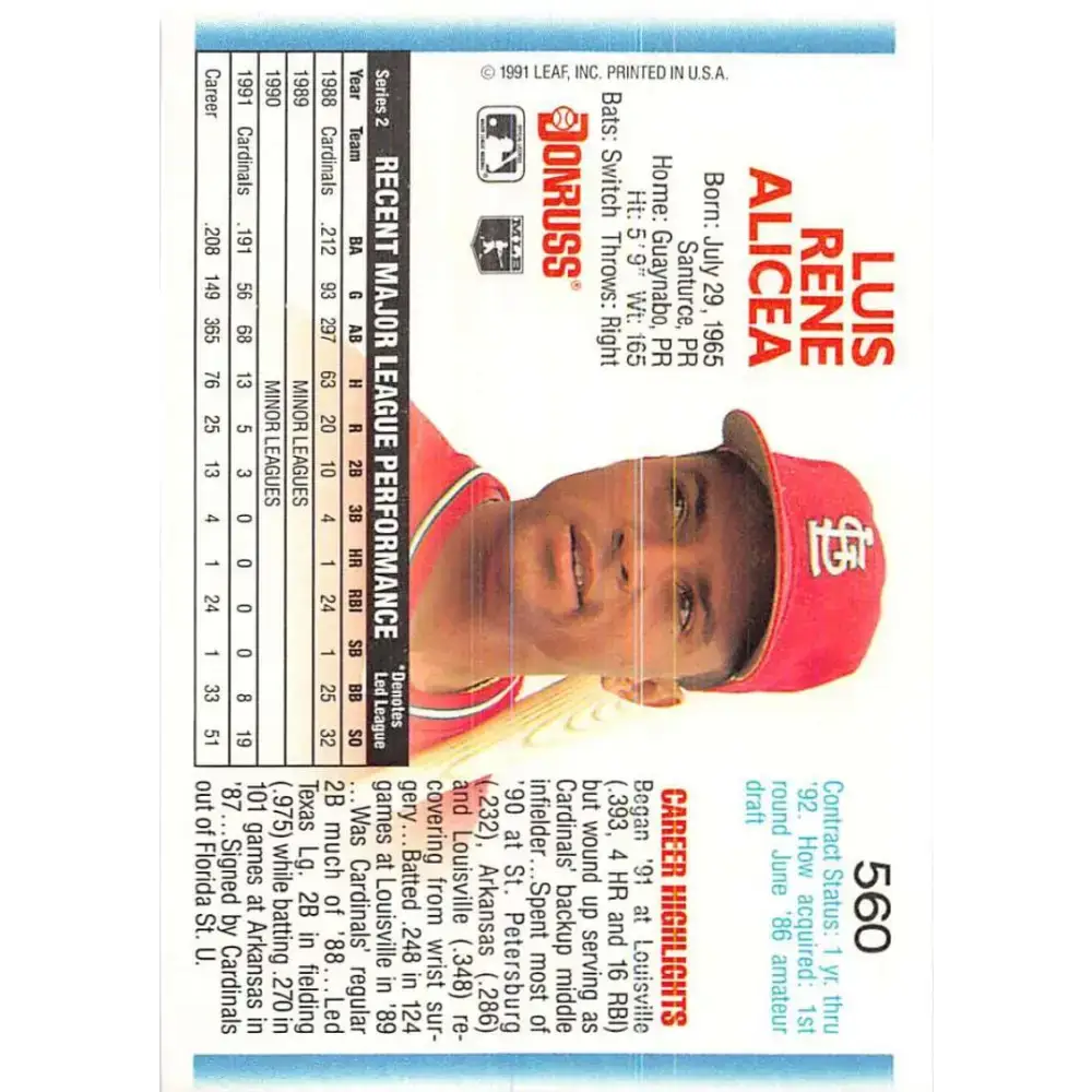 1992 Donruss #560 Luis Alicea NM-MT St. Louis Cardinals Baseball Card - Baseball Card Single