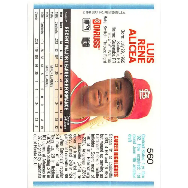 1992 Donruss #560 Luis Alicea NM-MT St. Louis Cardinals Baseball Card - Baseball Card Single