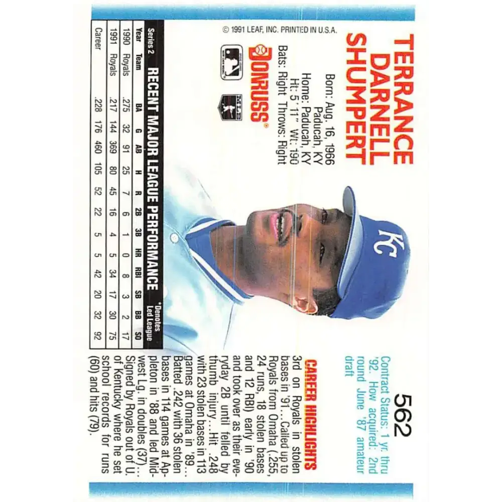 1992 Donruss #562 Terry Shumpert NM-MT Kansas City Royals Baseball Card - Baseball Card Single